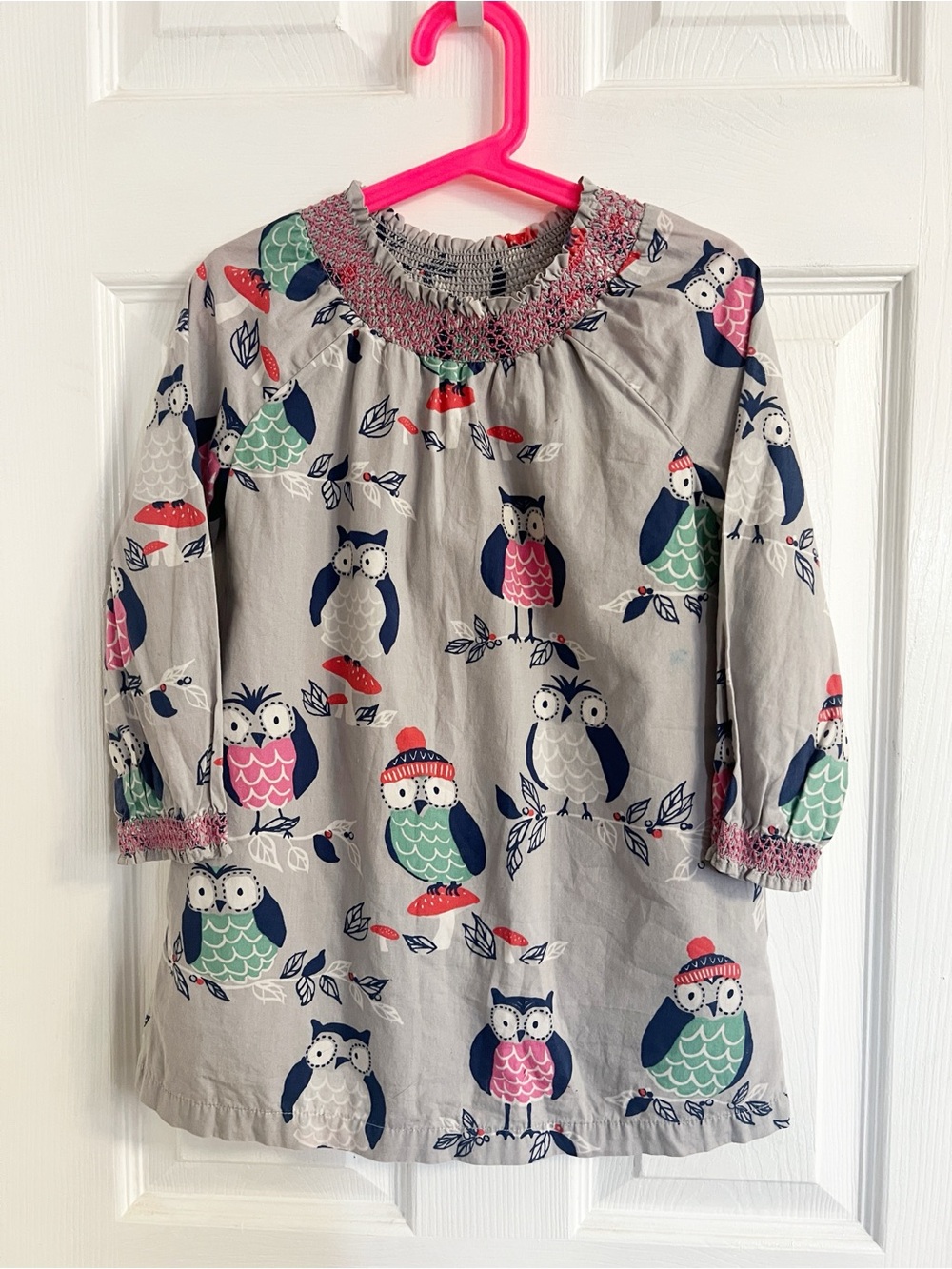 Mini Boden Grey Long-Sleeve Dress with Pink, Teal & Navy Owl Print